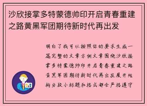沙欣接掌多特蒙德帅印开启青春重建之路黄黑军团期待新时代再出发