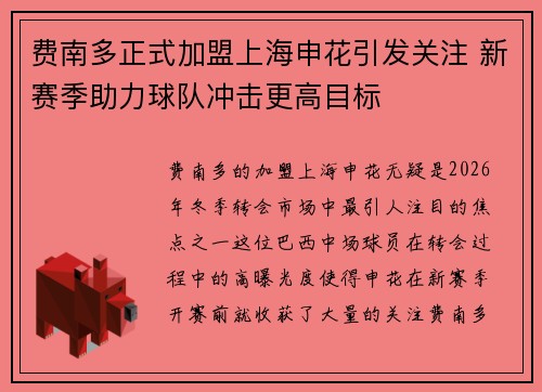 费南多正式加盟上海申花引发关注 新赛季助力球队冲击更高目标
