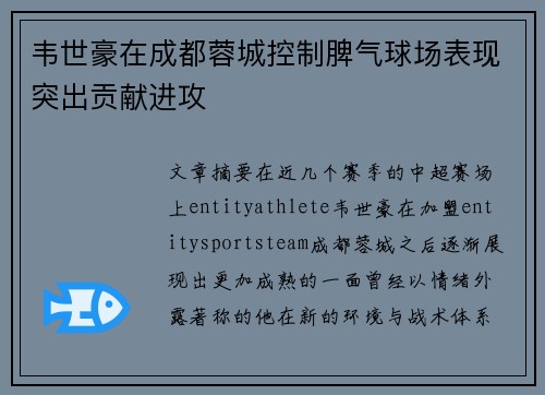 韦世豪在成都蓉城控制脾气球场表现突出贡献进攻