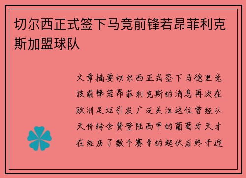 切尔西正式签下马竞前锋若昂菲利克斯加盟球队