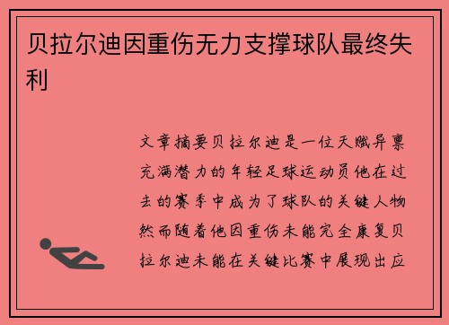 贝拉尔迪因重伤无力支撑球队最终失利